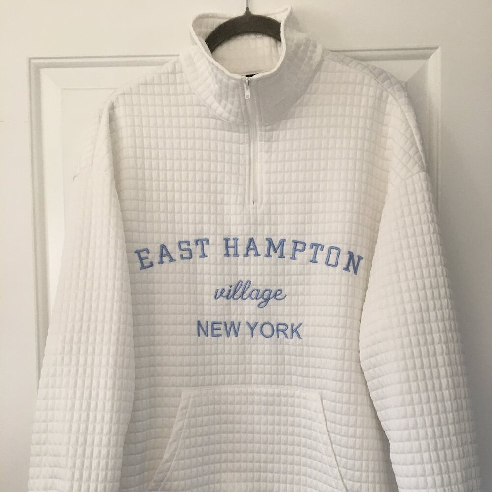 SHEIN Embroidered East Hampton Village New York White Quilted Pullover Top